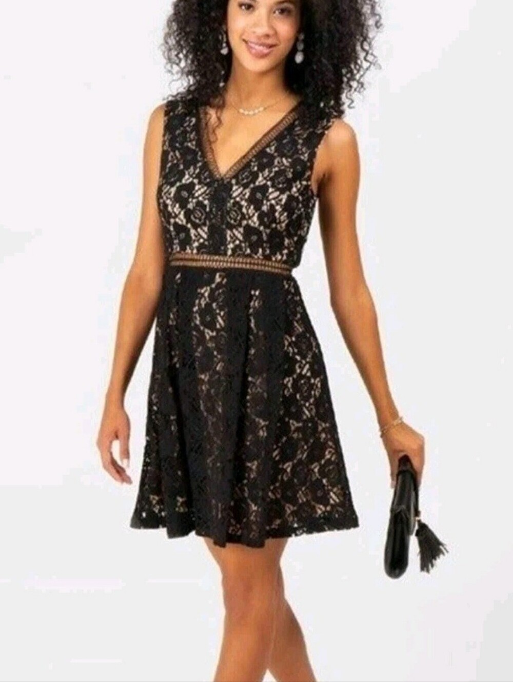 Francesca's Black Lace Beige Lining Fit And Flare Mini Cocktail Dress Large